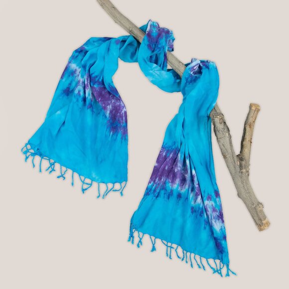 NWT Nerthus Tie Dye Scarf Blue Purple Fringe Rayon Wrap Hand-Dyed by Akasha Sun - Picture 1 of 1